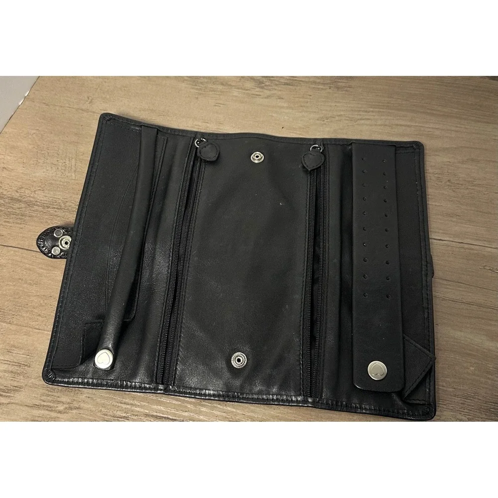 Brighton Black Leather Jewelry Organizer Roll Travel Heart‎ Charm Snap Closure